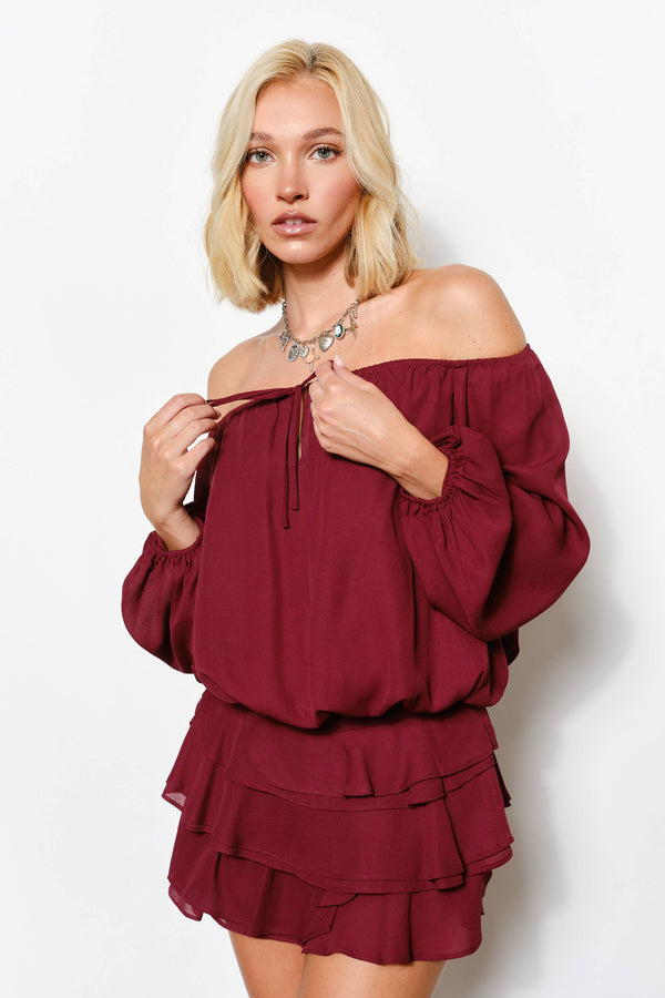 ISABELLA OFF SHOULDER BUBBLE HEM TOP - Romantic, Night Out: Burgundy / M