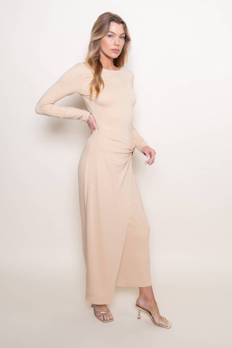 CHIC WRAP PANEL BUCKLE LONG SLEEVE MAXI DRESS-DD10840FO: NUDE / Contemporary / L