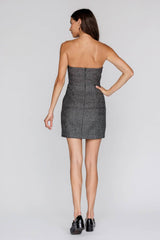 JD7868 - STRAPLESS MINI DRESS WITH VELVET BOWS: BLACK/ SILVER / S