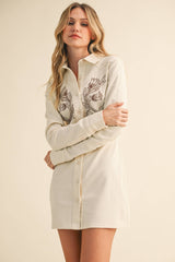 ID9321 LONG SLEEVE EMBROIDERED BUTTON DOWN SHIRT DRESS: CREAM COMBO / M