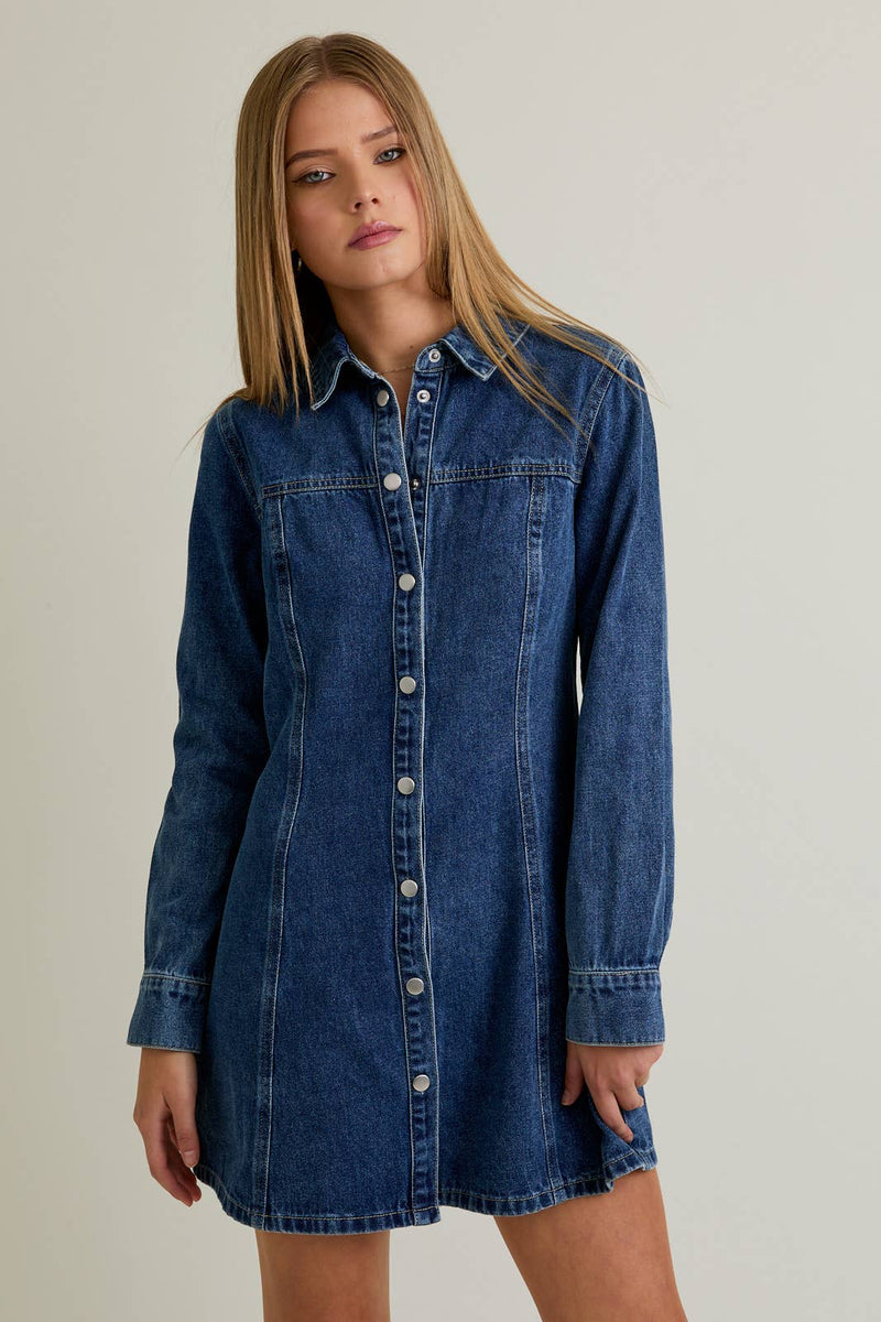 DENIM MINI DRESS WITH FRONT SNAP BUTTON CLOSURE: DENIM / XS