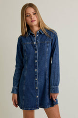 DENIM MINI DRESS WITH FRONT SNAP BUTTON CLOSURE: DENIM / L