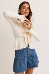 V-NECK RUFFLED SWEATER: CREAM / L