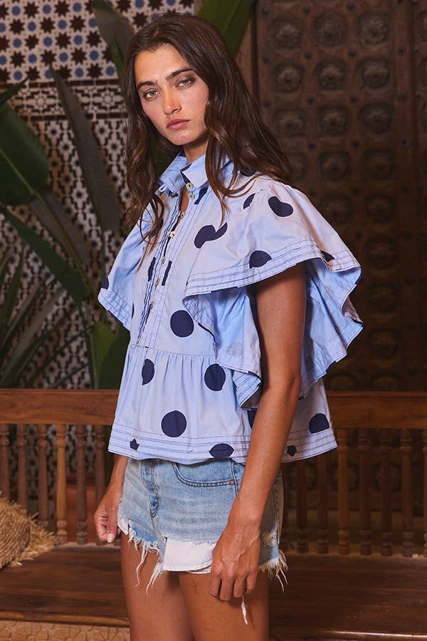 IT2337 Ruffle Sleeves Pintuck Detail Polka Dot Print top: CREAM/BLACK