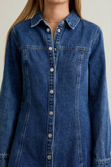 DENIM MINI DRESS WITH FRONT SNAP BUTTON CLOSURE: DENIM / XS