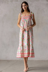 SJD7582 - MULTI FLORAL TIE MIDI DRESS: WINE MULTI FL / S