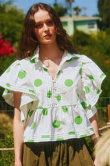 IT2337 Ruffle Sleeves Pintuck Detail Polka Dot Print top: CREAM/BLACK