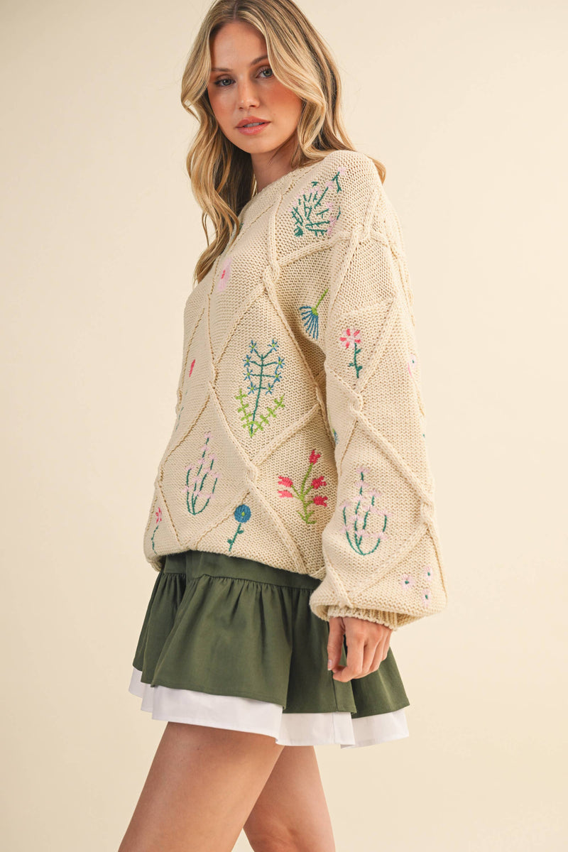 IT4253 MULTI FLORAL EMBROIDERED LATTICE CABLE SWEATER: NAVY / M