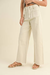 MMP1913   STRAIGHT WIDE LEG PANTS WITH FRONT POCKET: WASHED BEIGE / S