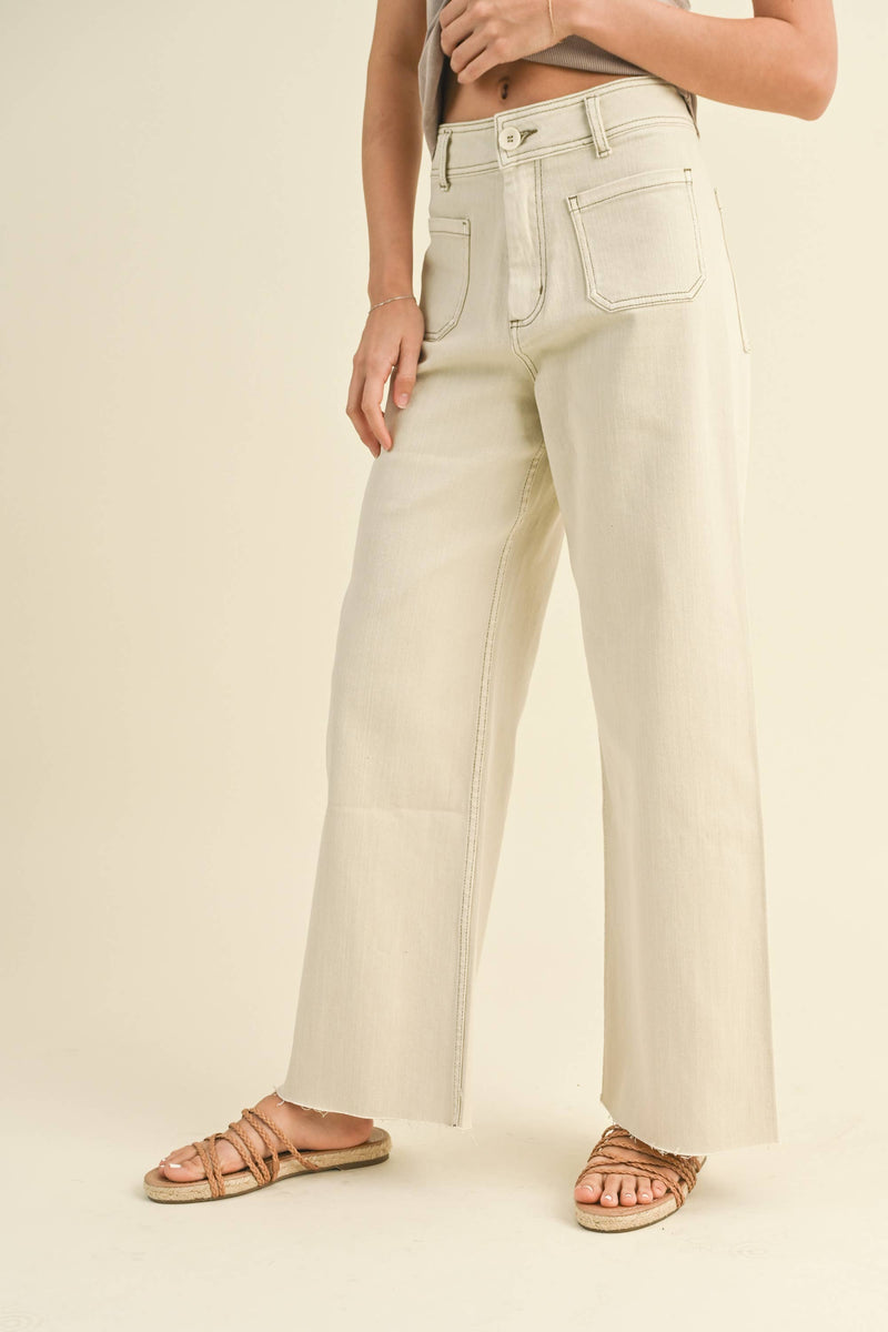 MMP1913   STRAIGHT WIDE LEG PANTS WITH FRONT POCKET: WASHED BEIGE / L