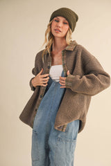 IJ1643 PLAID CONTRAST SHERPA BUTTON DOWN SHACKET: CREAM / L