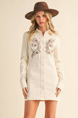 ID9321 LONG SLEEVE EMBROIDERED BUTTON DOWN SHIRT DRESS: CREAM COMBO / L