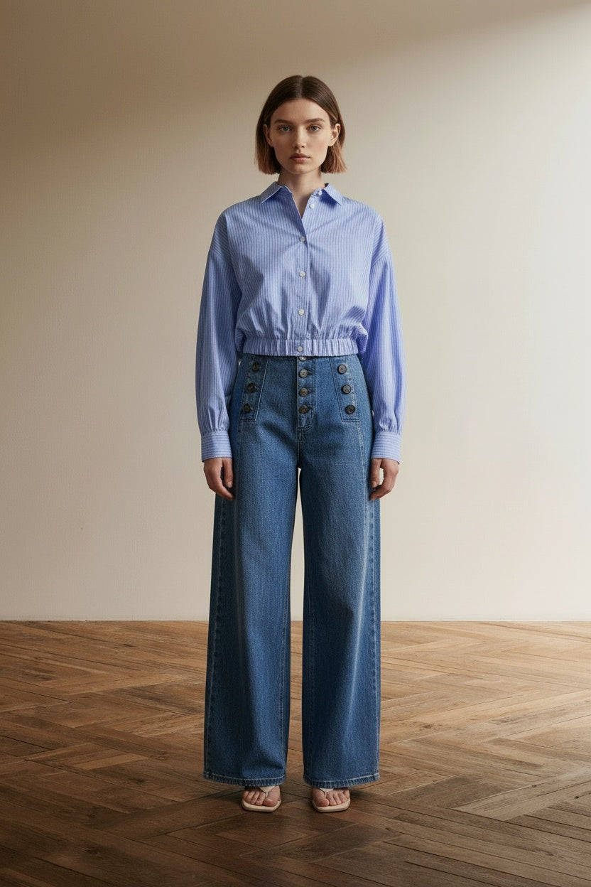 Full body view of the model wearing Striped Pattern Ballon Hem Button-down Shirt