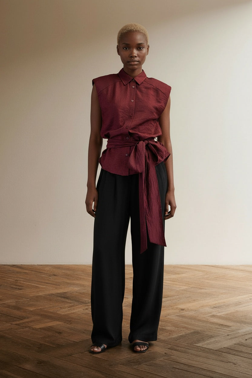 Full body view of the model wearing Waist Belt Tie Button Down Sleeveless Shirt